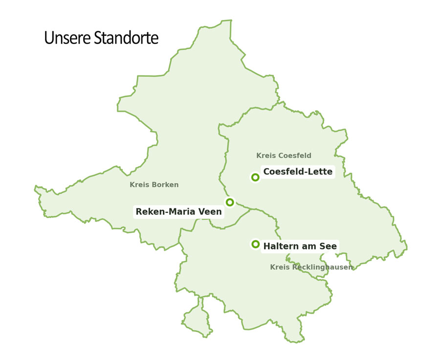 Standortkarte der Raiffeisen REGIO mit den Standorten Coesfeld-Lette, Reken-Maria Veen und Haltern am See